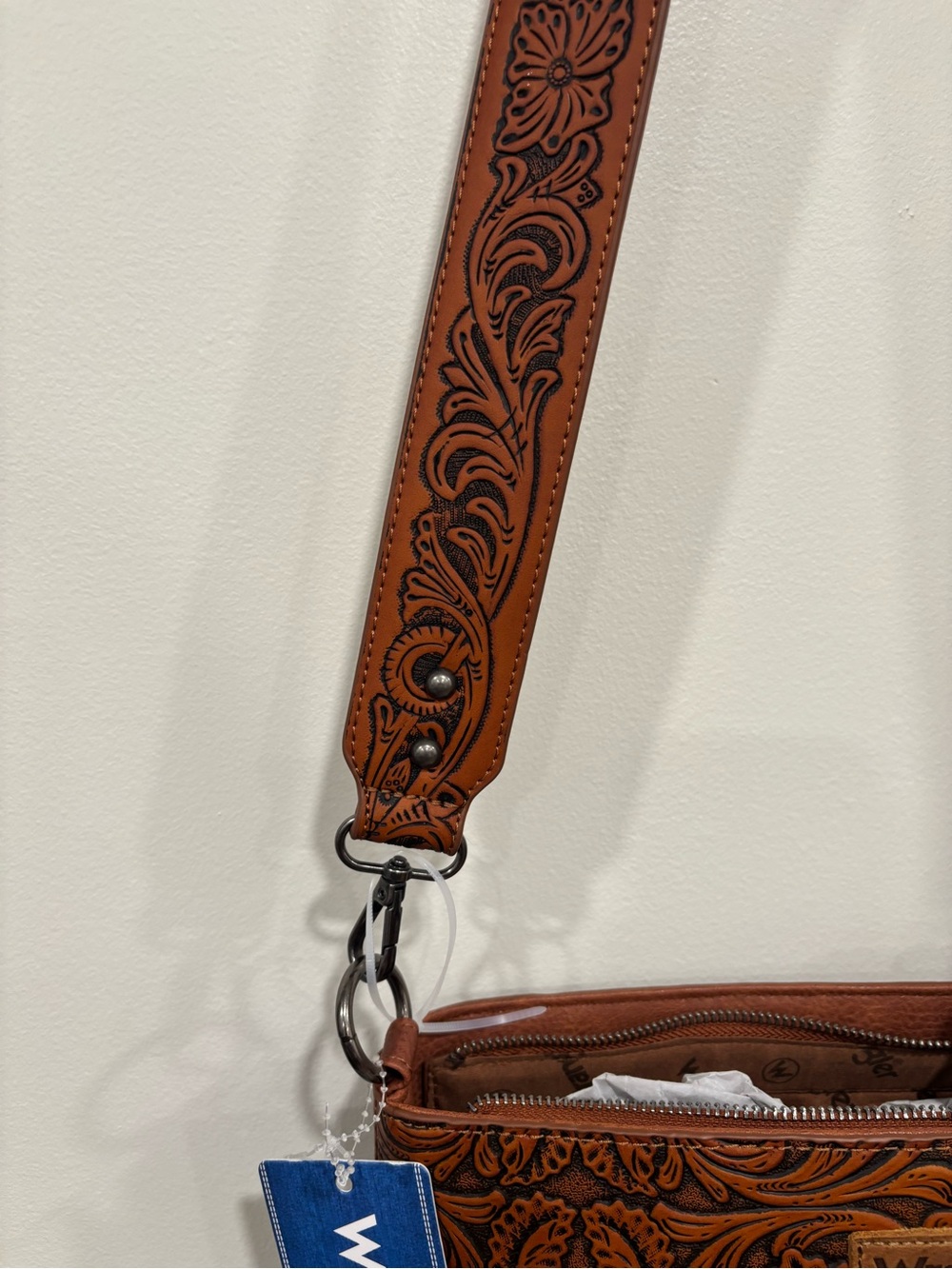 Wrangler Brown Leather Tooled Floral Fringe Crossbody - Picture 3 of 16